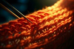 A knitting needle pulling yarn through a knitted scarf piece, close-up view. AI Generated. photo