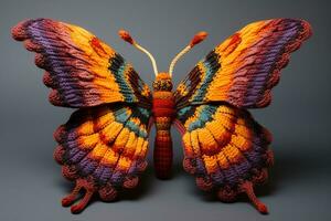 A crocheted butterfly made of colorful yarn with intricate details, such as the wings, antennae, and body. Symbol of transformation, freedom and transcendence. AI Generated. photo