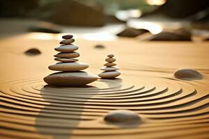Stones arranged in a zen garden, raked waves in the sand - balance and stability concept. AI generated. photo