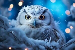 A cute snowy owl sitting in a snowy tree with Christmas bokeh background. Symbol of wisdom, mystery and winter solstice. AI Generated. photo