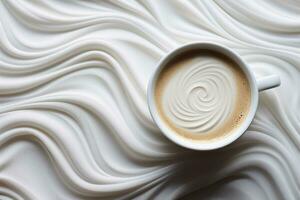 lechoso remolinos en un taza de café en pie en un blanco mesa. arremolinándose líquido, lechoso blanco piel, parte superior vista, suave atención y apagado tonos ai generado. foto