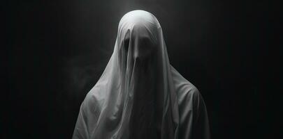 fantasma cubierto en blanco paño, envuelto en oscuridad, ambiguo simbolismo. ai generado. foto