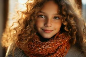 un hermosa niña vistiendo un fornido jengibre tejer infinito bufanda. suave luz, de cerca vista, mira consolador y cómodamente. ai generado. foto