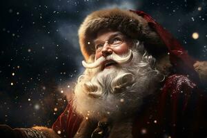 Smiling Santa Claus riding in his sleigh across a starry night sky. Close-up portrait. AI Generated. photo