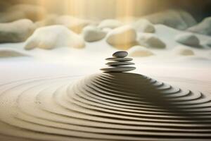 piedras arreglado en un zen jardín, rastrillado olas en el arena - equilibrar y estabilidad concepto. ai generado. foto