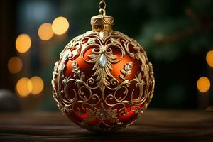 rojo y oro Navidad ornamento sentado en un mesa en frente de un Navidad árbol. el pelota es decorado con copos de nieve y otro festivo diseños ai generado. foto