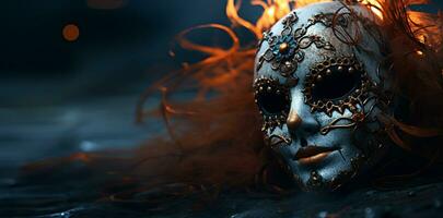 Halloween carnival mask, charred by fire, close-up, symbol of fear or decay. AI Generated. photo