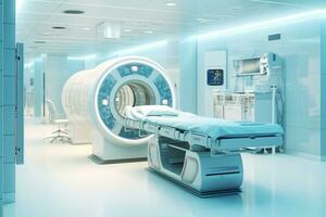 Modern MRI - magnetic resonance imaging - scanner machine in hospital room. Lab with MRI scan machine. Healthcare and medical concept. Generative AI. photo