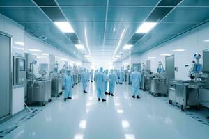 Pharmaceutical Manufacturing Laboratory. Scientists team in sterile high precision manufacturing laboratory. Generative AI. photo