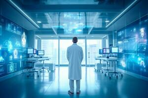 Futuristic virtual interface room. Scientist or doctor analyzing medical exam in modern laboratory. Medical with futuristic technology concept. Generative AI. photo