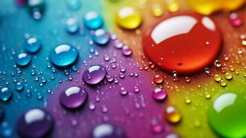 Water drops and bubbles with reflection on colorful background. Abstract background backdrop texture for product display or text. Generative AI. photo