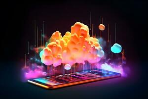 Glowing neon cloud computing in 3d on smartphone. Cloud network connecting and online data storage. Data Internet service in futuristic technology and innovation. Generative AI. photo