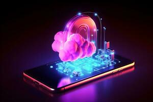 Glowing neon cloud computing in 3d on smartphone. Cloud network connecting and online data storage. Data Internet service in futuristic technology and innovation. Generative AI. photo