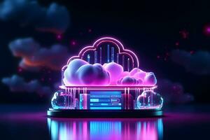 Glowing neon cloud computing in 3d on smartphone. Cloud network connecting and online data storage. Data Internet service in futuristic technology and innovation. Generative AI. photo