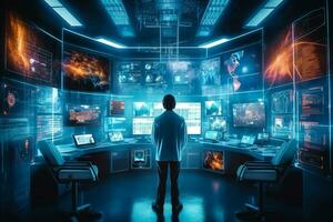 Futuristic virtual interface room. Scientist or doctor analyzing medical exam on display monitor screen on modern laboratory. Medical with futuristic technology concept. Generative AI. photo