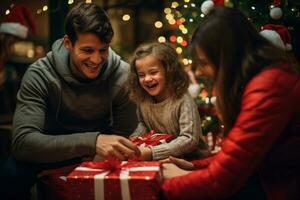 Happy family parent and kid celebrating and opening a gift box at Christmas eve and New Year party together with fun. Generative AI. photo