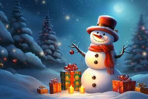 Snowman and Christmas tree decorate with gift boxes in winter background. Holiday digital illustration for design card, poster or banner in Christmas festival. Generative AI. photo