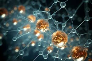 Microscopic of Neuron brain cell network. Interconnected nerve cells with electrical pulses. Glowing synapse. Healthcare concept. Generative AI. photo