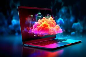 Glowing neon cloud computing in 3d on laptop screen. Cloud network connecting and online data storage. Data Internet service in futuristic technology and innovation. Generative AI. photo