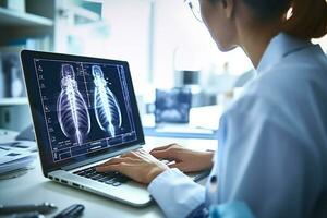 Scientist or doctor analyzing body x-ray exam picture on computer display monitor screen on laboratory. Medical with futuristic technology concept. Generative AI. photo