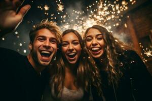 grupo de contento joven personas celebrando a nuevo año fiesta. adolescente amistades teniendo divertido a el noche fiesta juntos. generativo ai. foto