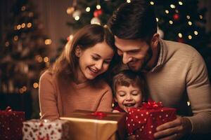 Happy family parent and kid celebrating and opening a gift box at Christmas eve and New Year party together with fun. Generative AI. photo