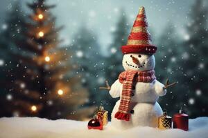 Snowman and Christmas tree decorate with gift boxes in winter background. Holiday digital illustration for design card, poster or banner in Christmas festival. Generative AI. photo