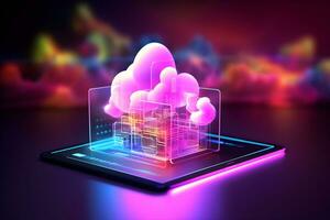 Glowing neon cloud computing in 3d on tablet. Cloud network connecting and online data storage. Data Internet service in futuristic technology and innovation. Generative AI. photo