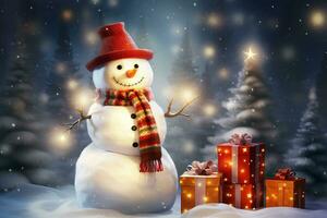 Snowman and Christmas tree decorate with gift boxes in winter background. Holiday digital illustration for design card, poster or banner in Christmas festival. Generative AI. photo