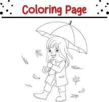 Thanksgiving coloring page for kids. Vector cartoon Children throwing autumn leaves