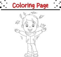 Thanksgiving coloring page for kids. Vector cartoon Children throwing autumn leaves