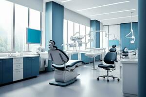 A futuristic hospital room. Interior of modern dental clinic. Dental chair and other accessories used by dentists. Dental surgeon. Healthcare and medical concept.. Generative AI. photo