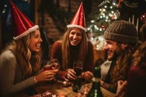 Group of happy young people celebrating at Christmas eve and New Year party. Teenage friendships having dinner at the night party together with fun. Generative AI. photo