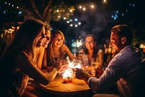 Group of happy young people celebrating at Christmas eve and New Year party. Teenage friendships having dinner at the night party together with fun. Generative AI. photo