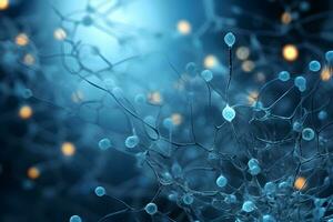 microscópico de neurona cerebro célula red. interconectado nervio células con eléctrico pulsos. brillante sinapsis. cuidado de la salud concepto. generativo ai. foto