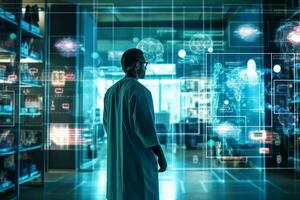 Futuristic virtual interface room. Scientist or doctor analyzing medical exam in modern laboratory. Medical with futuristic technology concept. Generative AI. photo