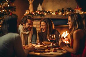 Group of happy young people celebrating at Christmas eve and New Year party. Teenage friendships having dinner at the night party together with fun. Generative AI. photo