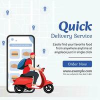 Online food order social media post design. Delivery man with scooter delivering product to customers location. Suitable graphics for e-commerce, transportation, fast delivery service. vector