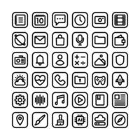 Mobile app icons, in line style, for user interface, technology, design and communication needs. This includes messages, email, voice recording, weather, music, multimedia, games and others. vector