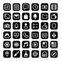 Mobile app icons, in glyph style, for user interface, technology, design and communication needs. This includes messages, email, voice recording, weather, music, multimedia, games and others. vector