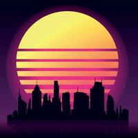 Illustration of cyberpunk sun and city silhouette vector