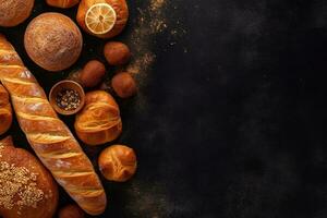AI Generative Assortment of baked bread on stone table background Composition with bread slices and rolls Copy space photo