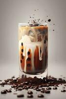 ai generativo hielo café en un alto vaso con crema vertido terminado y café frijoles en un gris Roca antecedentes foto