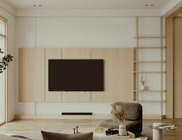 Minimalist Living Room Interior Design Wooden, and Sleek Furnishings, TV, White Texture 3D rendering photo