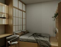 Simple Wooden Furnishings Interior Touches For your Minimizing Bed Room 3D rendering photo