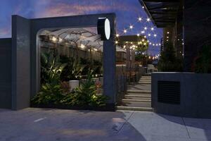 Top Choice Rooftop Coffee and Tea Cafeteria With LED Light and Natural Theme 3D rendering photo