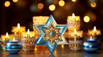 Hanukkah festive celebration concept, glow of the menorah with shining candles and star, Generative AI illustration photo