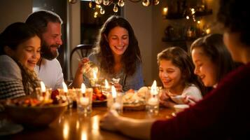 contento extendido judío familia celebrando Janucá mientras reunión a comida mesa, luz de una vela ese brilla brillantemente, generativo ai ilustración foto