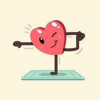 Vector cartoon heart character doing yoga on exercise mat