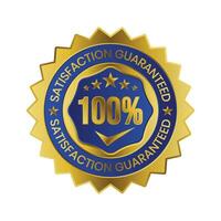 100 Percent Customer Satisfaction Guaranteed Badge, Label, Emblem, Rubber Stamp, 3D Realistic Glossy And Shiny Satisfaction Client Icon, Certified Quality Control Seal Satisfied Badge, Happy Customers vector